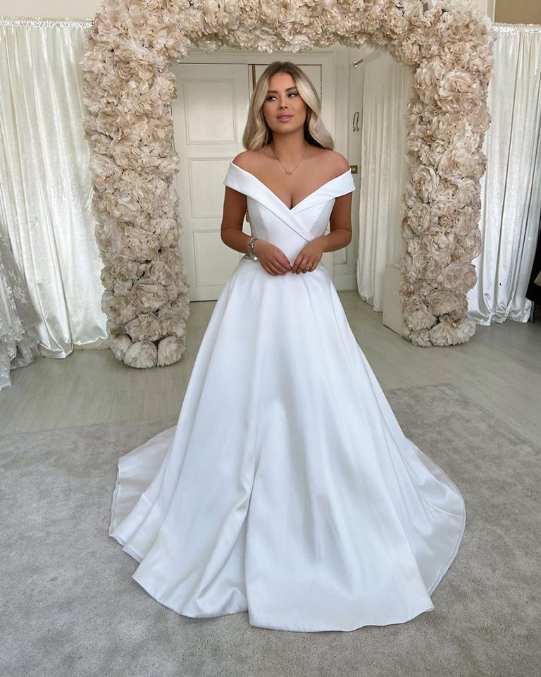 A-line Off-the-shoulder Long Sleeves Sweep / Brush Train Satin Wedding Dress With Ruffles 2