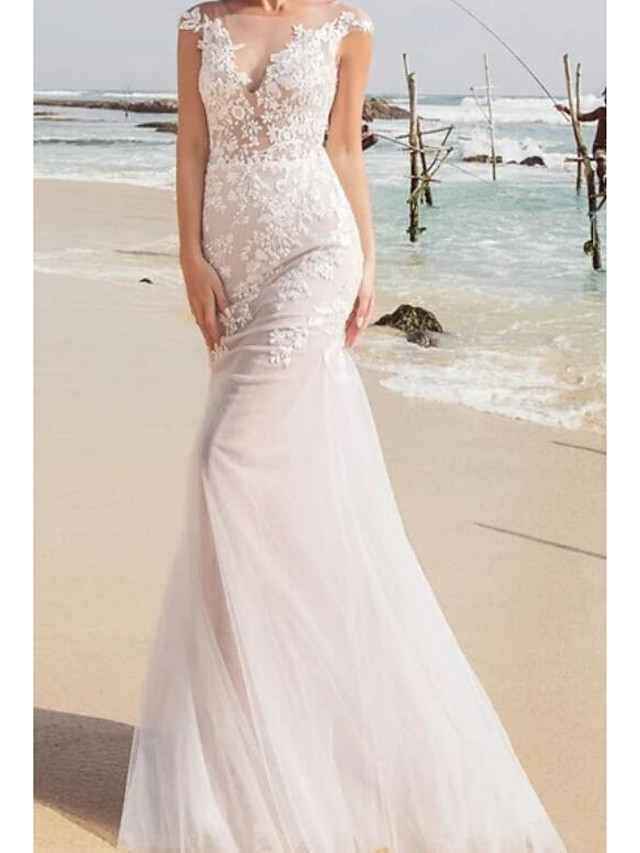 Mermaid Sleeveless Sweep / Brush Train Tulle Bridal Gown With Buttons 3