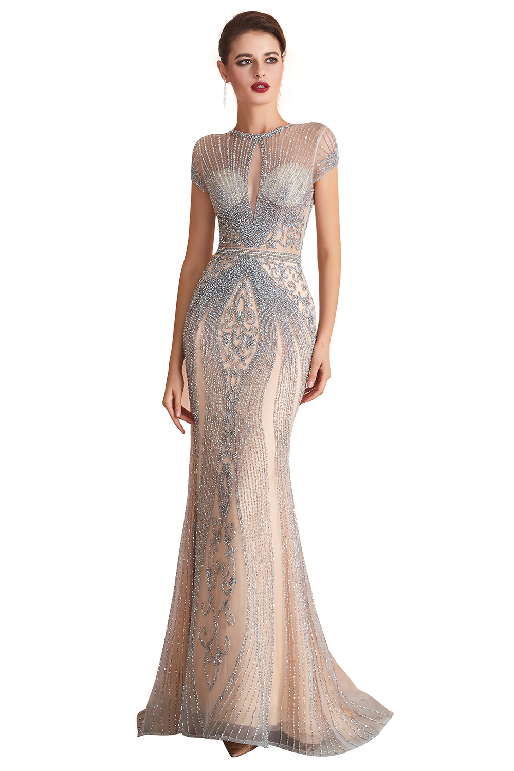 Mermaid Jewel Neck Short Sleeves Sweep / Brush Train Tulle Evening Dress With Beading 4