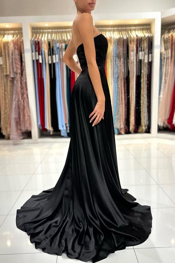 Column Strapless Sleeveless Floor-length Stretch Satin Formal Dress With Ruffles 6
