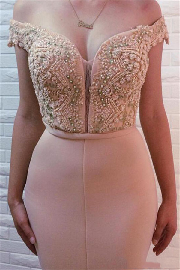 Mermaid Off-the-shoulder Sleeveless Sweep / Brush Train Formal Dress With Beading 2