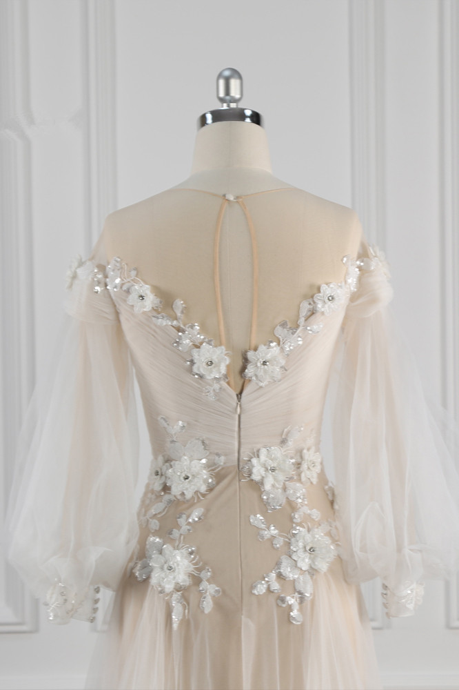 A-line Jewel Neck Long Sleeves Floor-length Tulle Bridal Dress With Lace 6