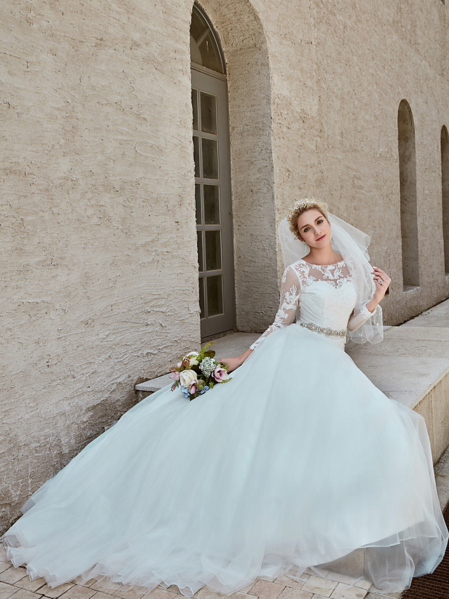 Ball Gown Bateau Neck Long Sleeves Chapel Train Tulle Bridal Gown With Lace 5