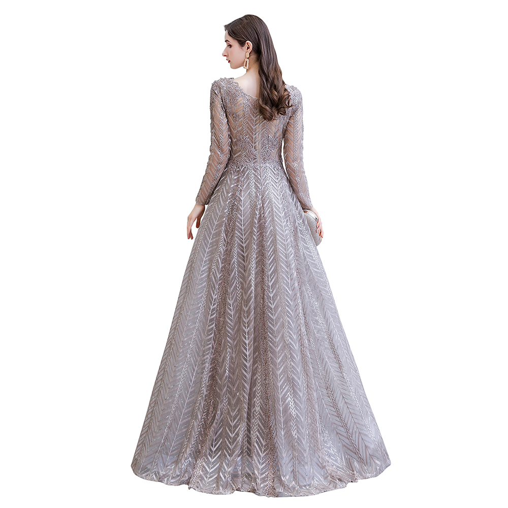 A-line V-neck Long Sleeves Sweep / Brush Train Lace Evening Dress With Pearls 13