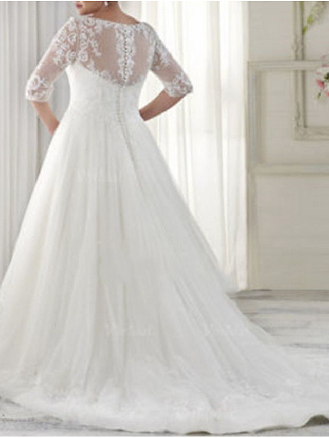 A-line V-neck Half-Sleeves Tulle Wedding Gown With Sweep / Brush Train 2