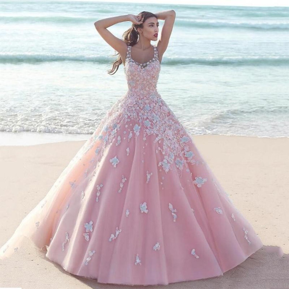 A-line Square Neck Sleeveless Sweep / Brush Train Tulle Evening Dress With Flower(s) 2