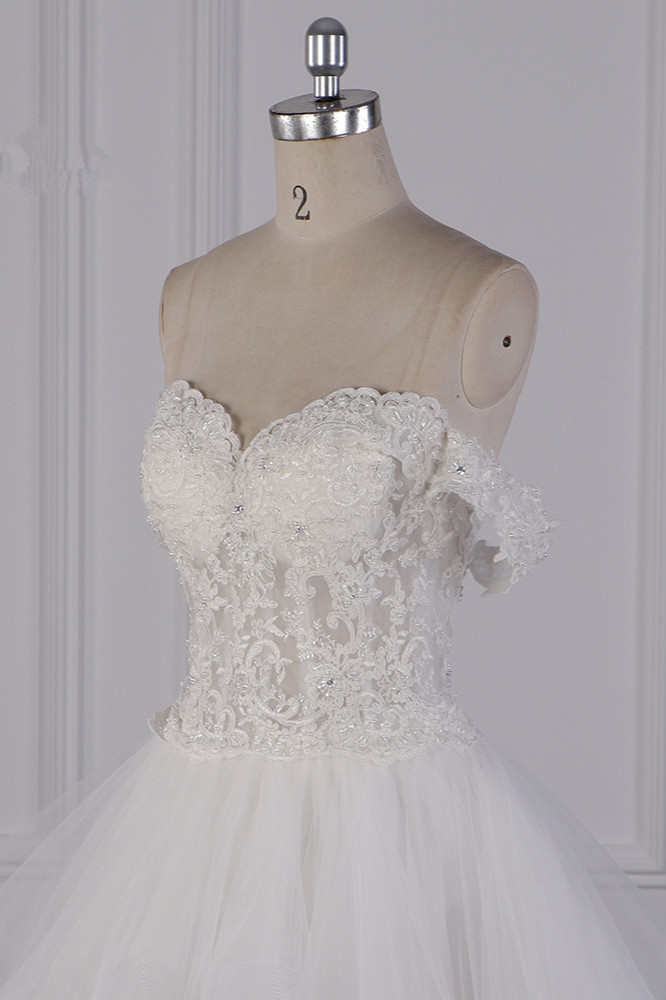 A-line Off-the-shoulder Sweetheart Neck Sleeveless Floor-length Tulle Bridal Dress With Ruffles 5