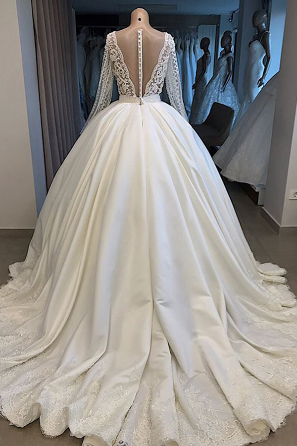 Ball Gown Plunging Neckline Long Sleeves Floor-length Tulle Wedding Dress With Appliques 2