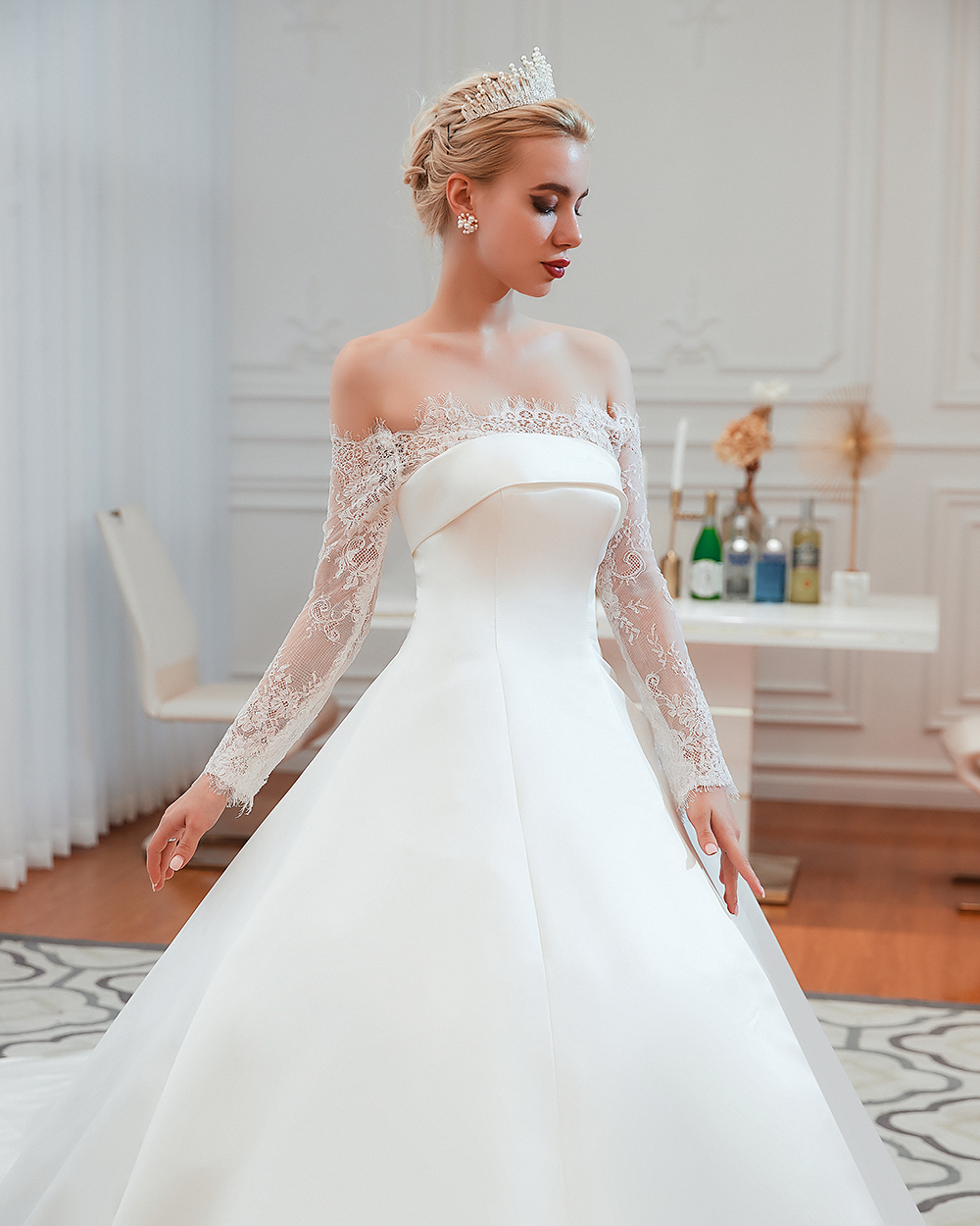 Bateau Neck Long Sleeves Cathedral Train Satin Wedding Gown With Lace 21