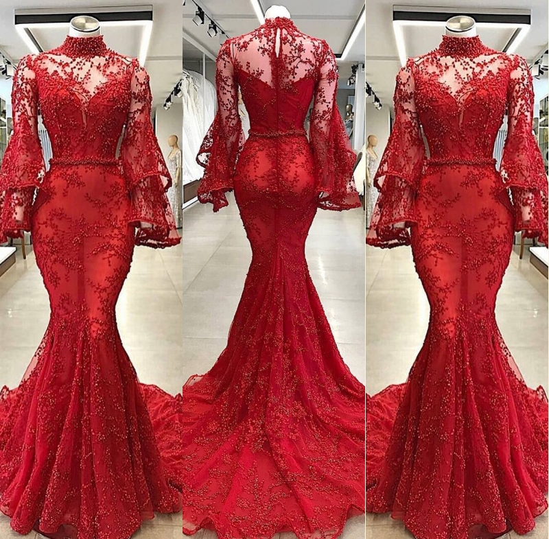 Mermaid High Neck Long Sleeves Chapel Train Evening Dress With Appliques 3