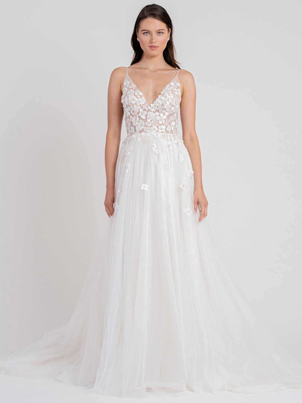 A-line Straps V-neck Sleeveless Chapel Train Lace Wedding Gown With Lace 3