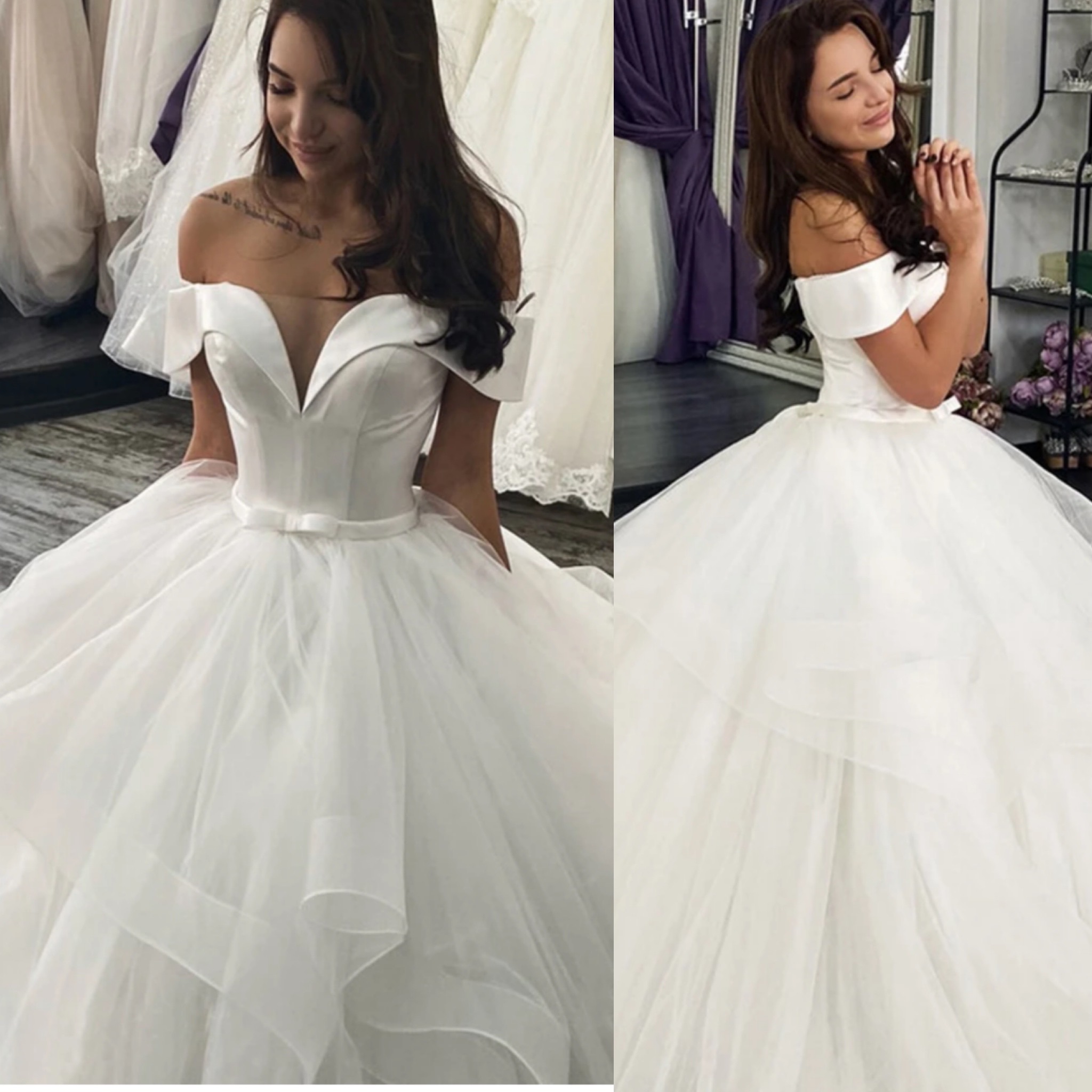 A-line Off-the-shoulder Sleeveless Floor-length Tulle Wedding Gown With Tiered 3