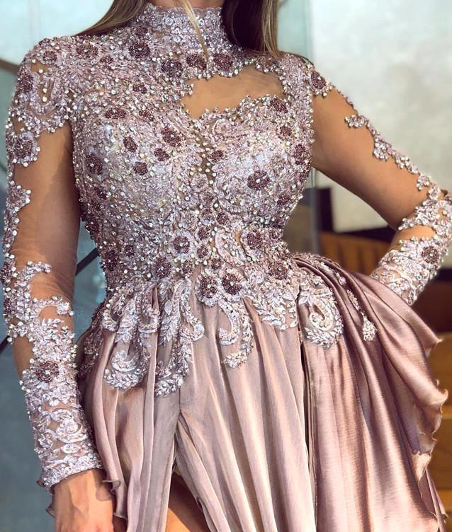 A-line High Neck Long Sleeves Sweep / Brush Train Lace Evening Dress With Split Front 2