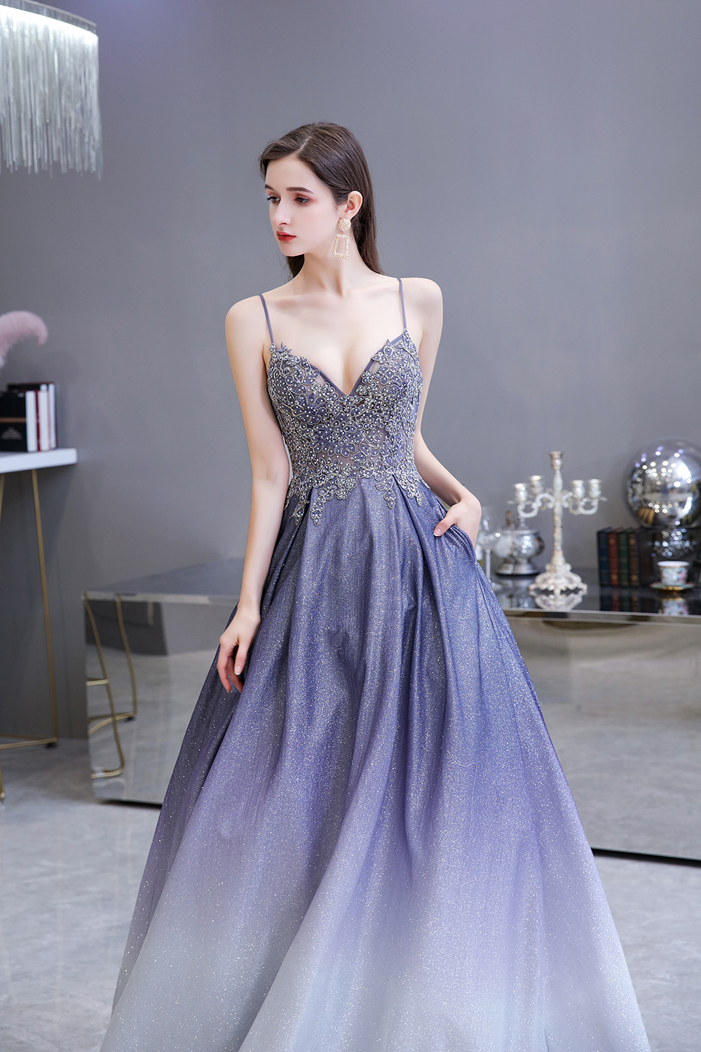 A-line Spaghetti Straps V-neck Sleeveless Sweep / Brush Train Satin Formal Dress With Appliques 10