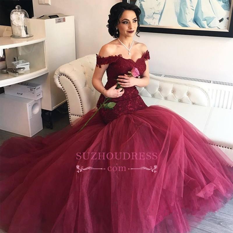 Mermaid Off-the-shoulder Sleeveless Court Train Tulle Evening Dress With Lace 2