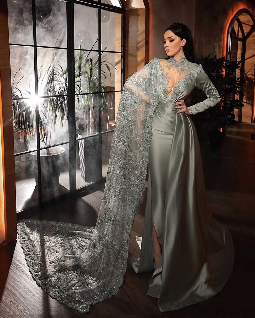 Mermaid High Neck Long Sleeves Floor-length Stretch Satin Formal Dress With Ruffles 2