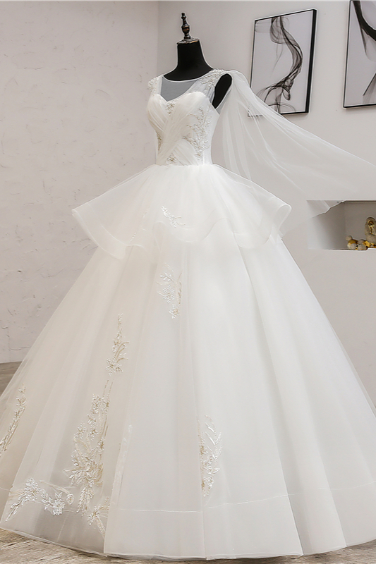 A-line Straps Floor-length Tulle Wedding Dress With Appliques 4