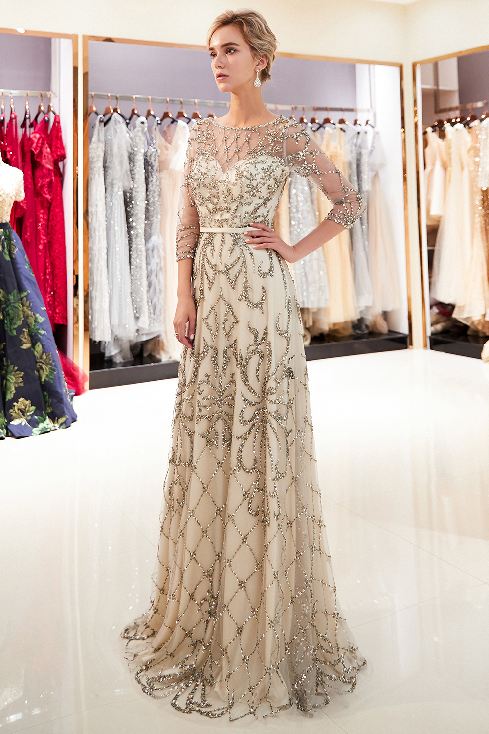 A-line Scoop Neck 3/4-Length Sleeves Sweep / Brush Train Tulle Evening Dress With Crystal 9