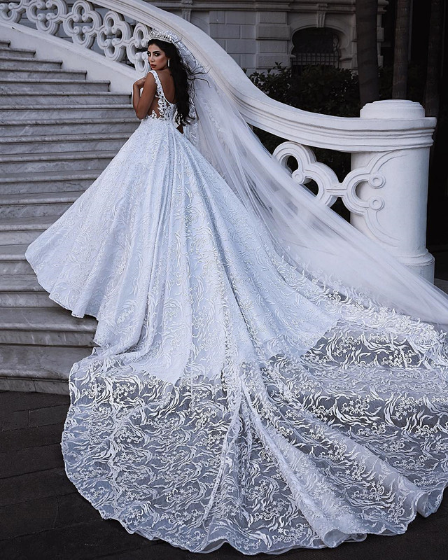Ball Gown Straps Sleeveless Chapel Train Wedding Gown With Lace 2