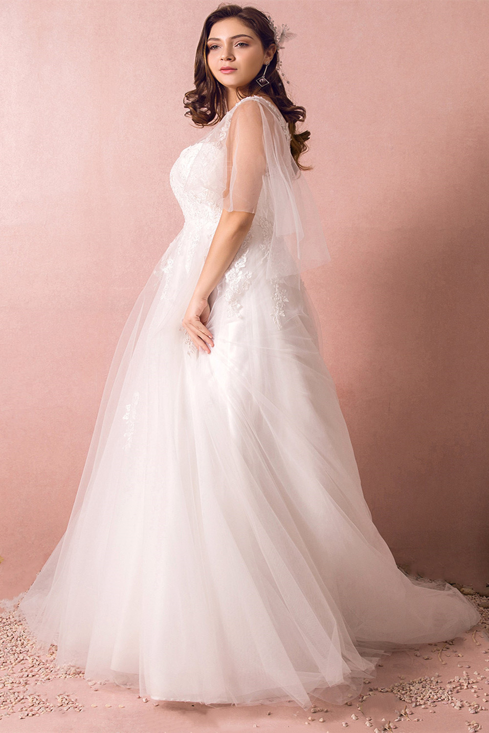 A-line V-neck Half-Sleeves Ankle-length Tulle Bridal Gown With Appliques 2