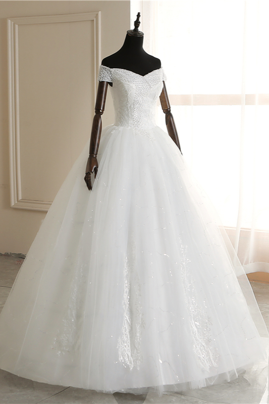 A-line Cap Sleeves Floor-length Tulle Bridal Dress With Lace 3