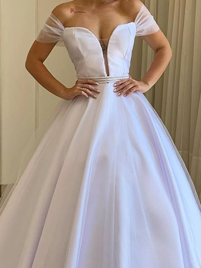 A-line Short Sleeves Tulle Bridal Gown With Sweep / Brush Train 2