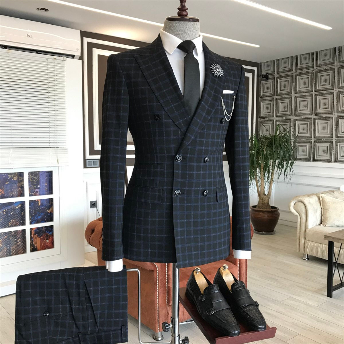 Black Plaid Double Breasted Business Suit 2