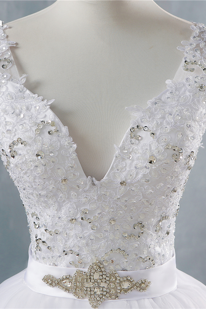 A-line V-neck Floor-length Tulle Bridal Gown With Appliques 5