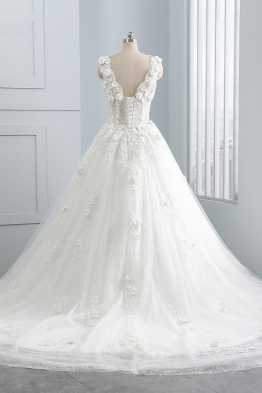 A-line Straps V-neck Sleeveless Floor-length Tulle Wedding Dress With Appliques 2