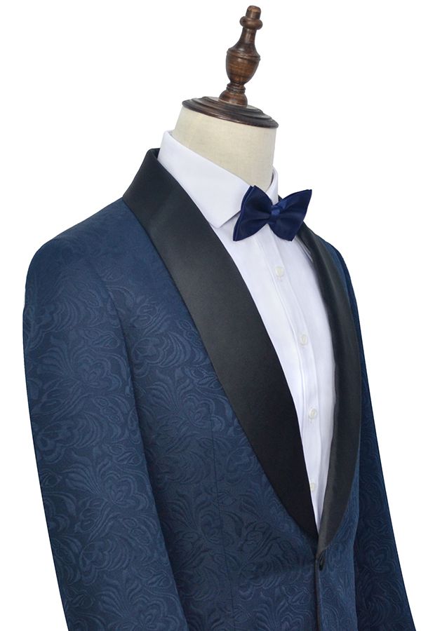 Navy Blue Mens Suits for Weddings with Jacquard Black Silk Shawl Lapel 4