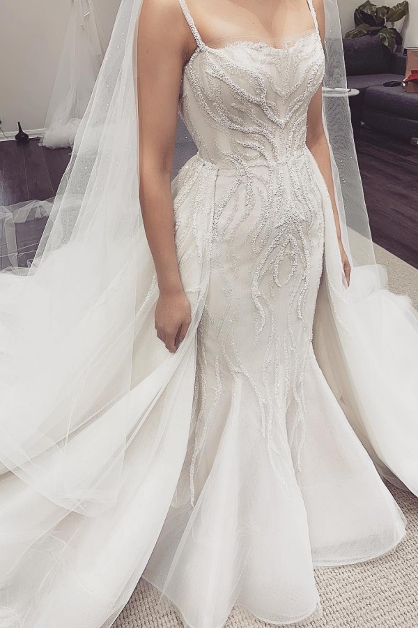 Mermaid Spaghetti Straps Detachable Train Tulle Wedding Gown With Lace 1