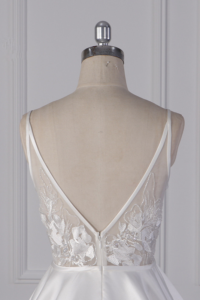 A-line Straps V-neck Sleeveless Floor-length Satin Wedding Dress With Appliques 6