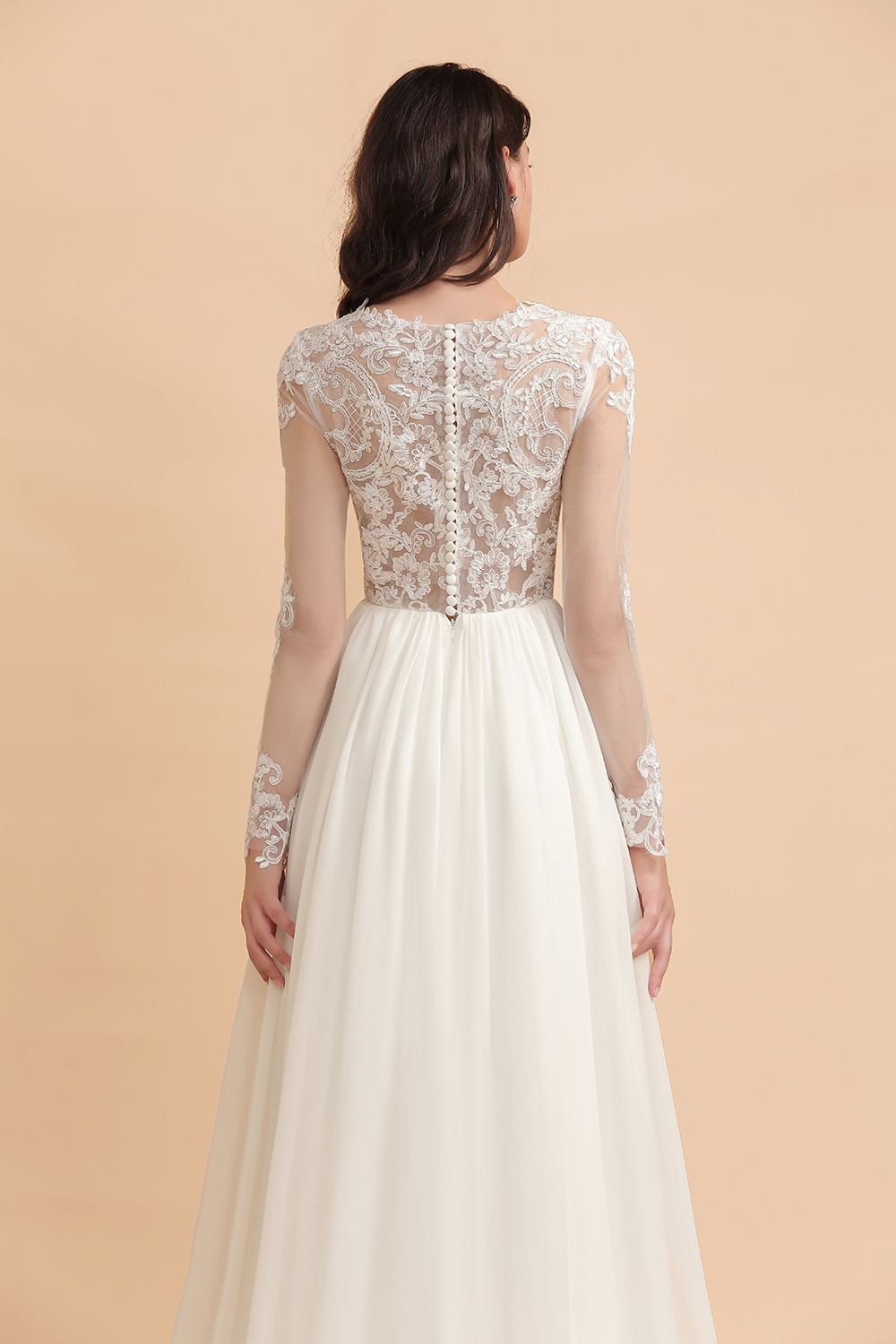 A-line Jewel Neck Long Sleeves Floor-length 100D Chiffon Bridal Attire With Appliques 8