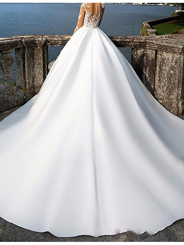 A-line V-neck Long Sleeves Tulle Bridal Gown With Sweep / Brush Train 2