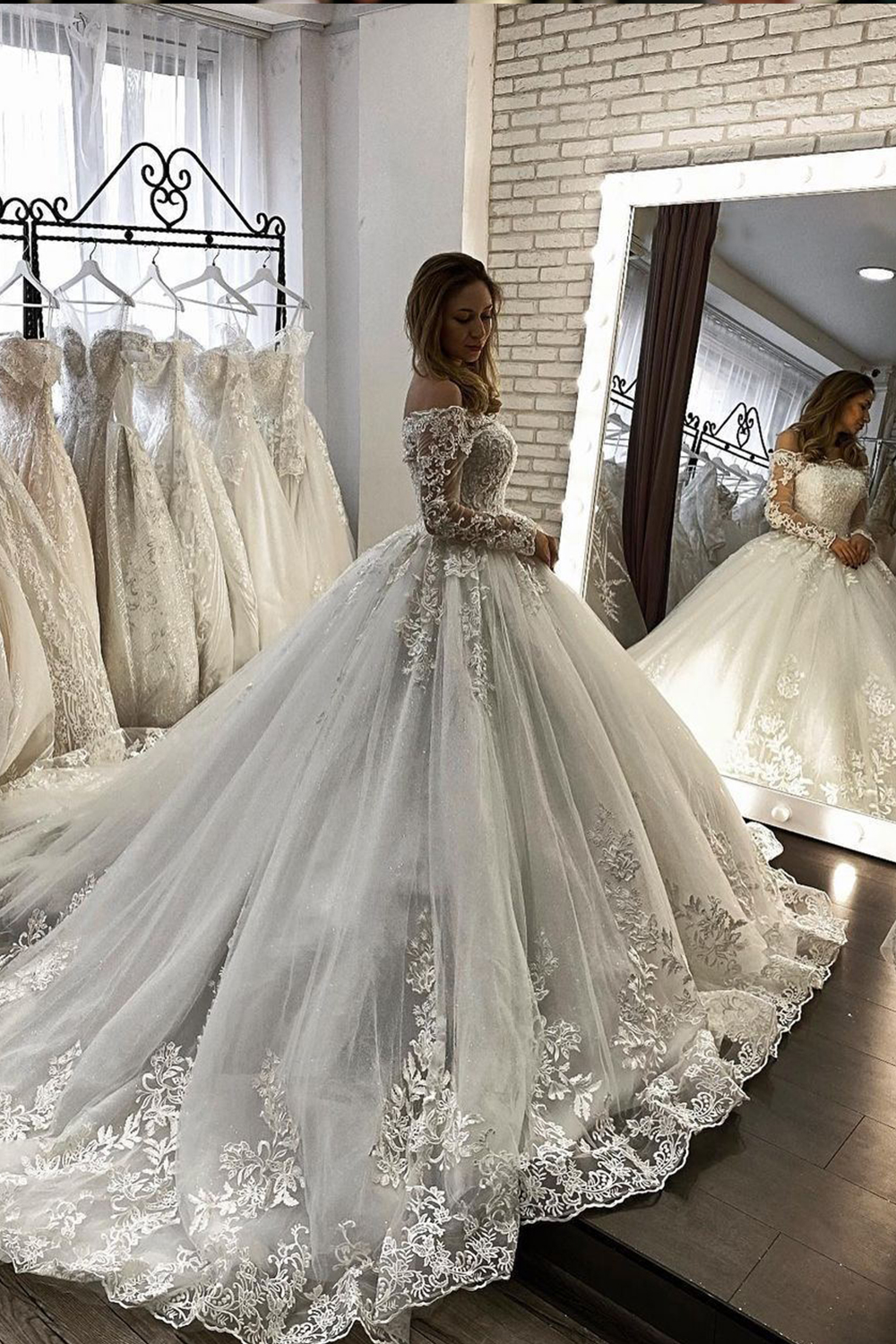 A-line Bateau Neck 3/4-Length Sleeves Cathedral Train Tulle Bridal Gown With Lace 1