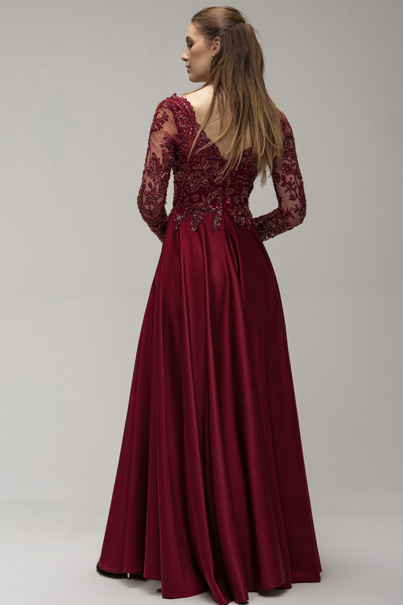 Column V-neck Long Sleeves Floor-length 100D Chiffon Evening Dress With Lace 2