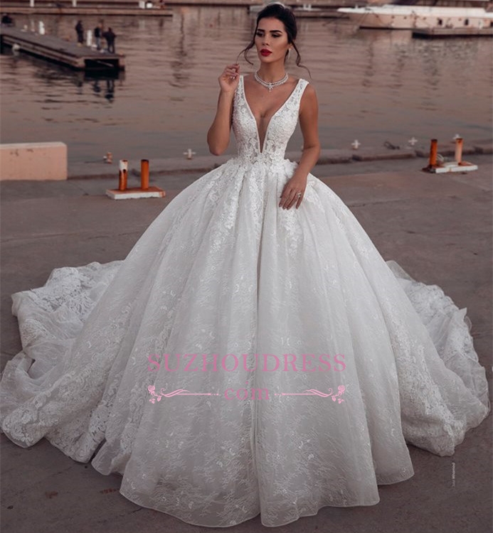 Ball Gown Plunging Neckline Sleeveless Court Train Bridal Gown With Appliques 3