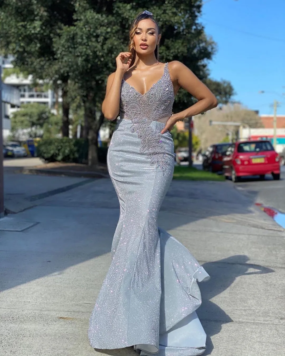 Mermaid V-neck Sleeveless Floor-length Cocktail Party Dress With Sequins 2