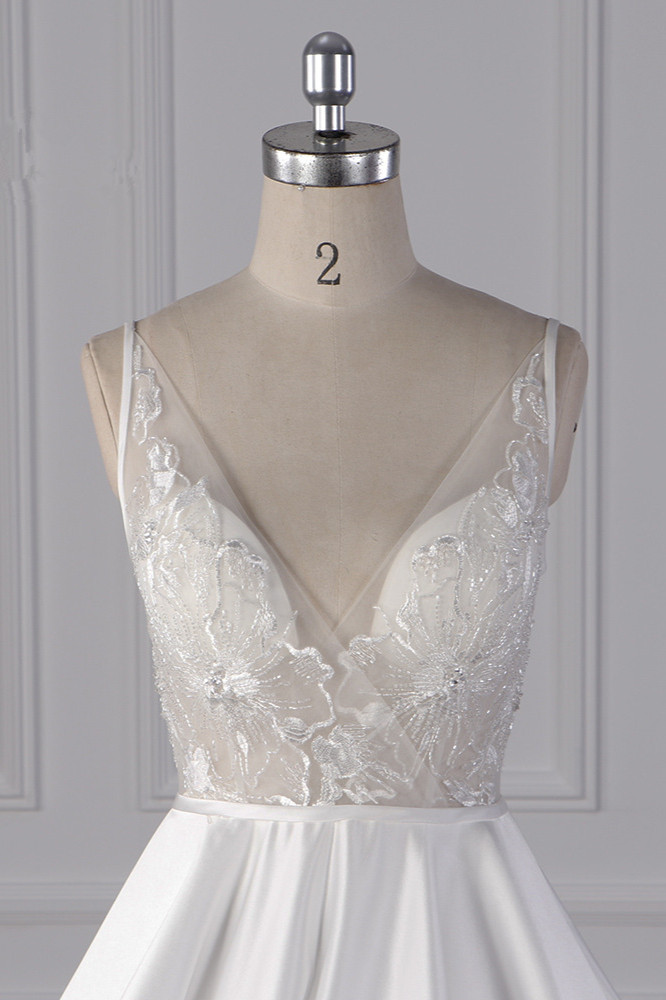 A-line Straps V-neck Sleeveless Floor-length Satin Wedding Dress With Appliques 2