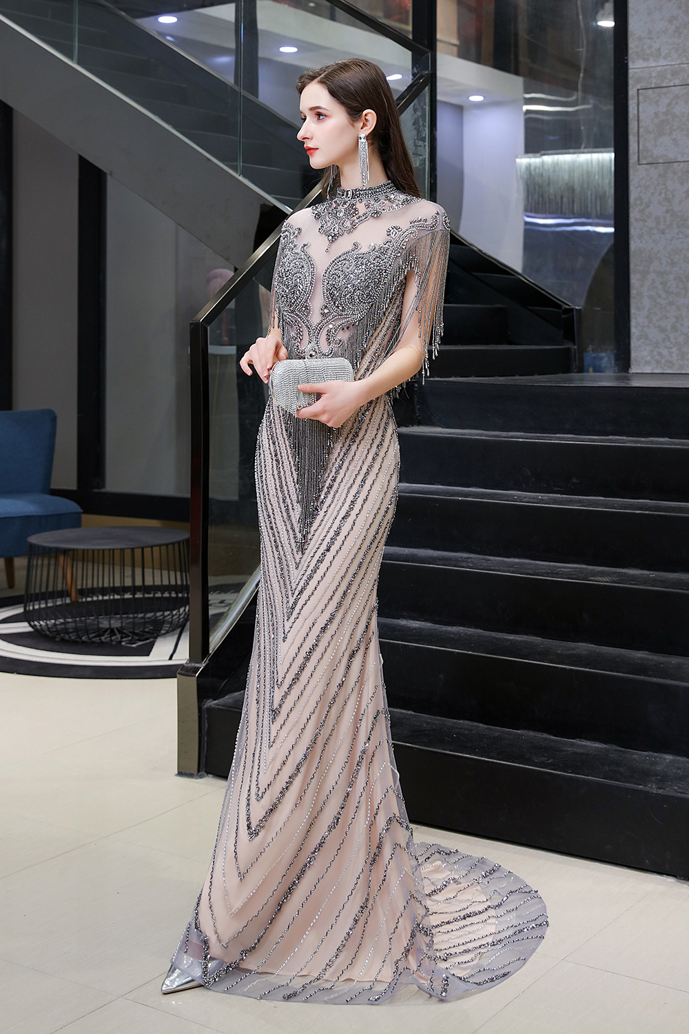 Mermaid Jewel Neck Short Sleeves Court Train Tulle Evening Gown With Beading 9