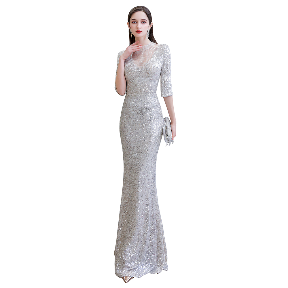 Mermaid Jewel Neck Half-Sleeves Sweep / Brush Train Tulle Evening Gown With Beading 3