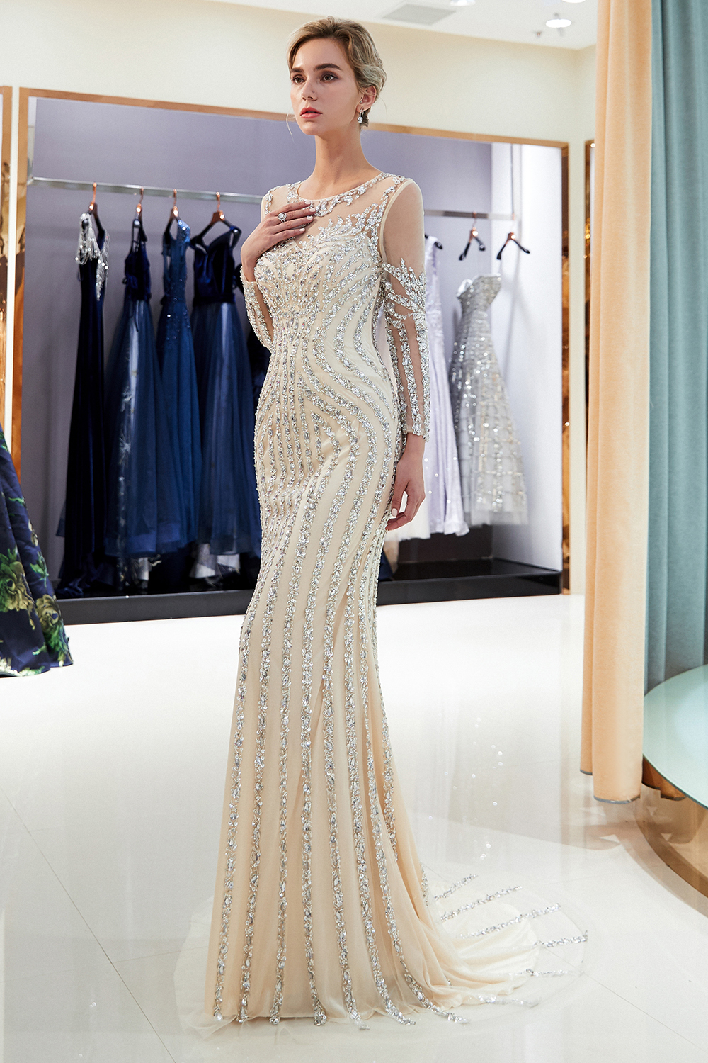 Mermaid Jewel Neck Long Sleeves Court Train Stretch Satin Formal Dress With Sequins 10