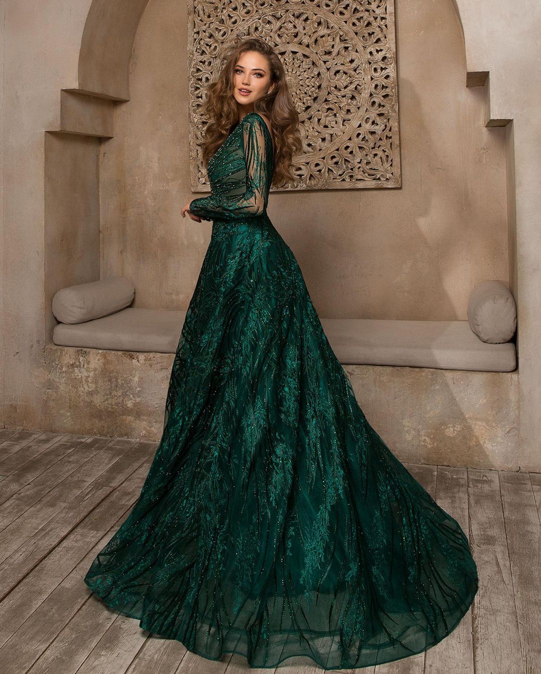 A-line Jewel Neck Long Sleeves Floor-length Lace Evening Dress With Pearls 2