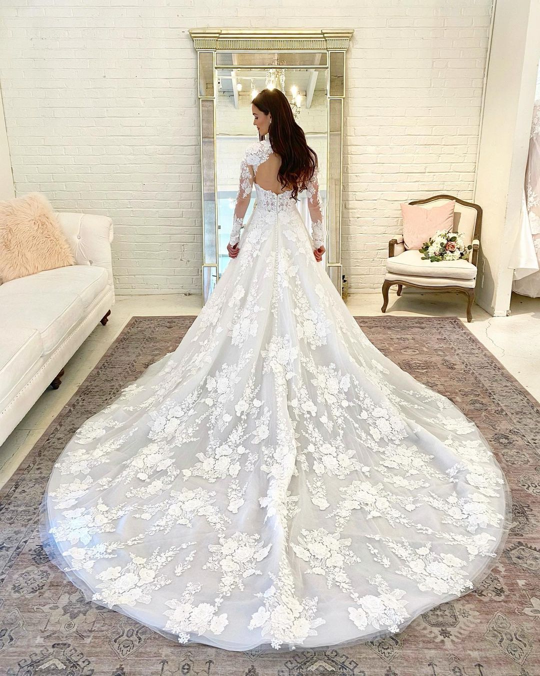 A-line High Neck Long Sleeves Chapel Train Lace Wedding Gown With Beading 3