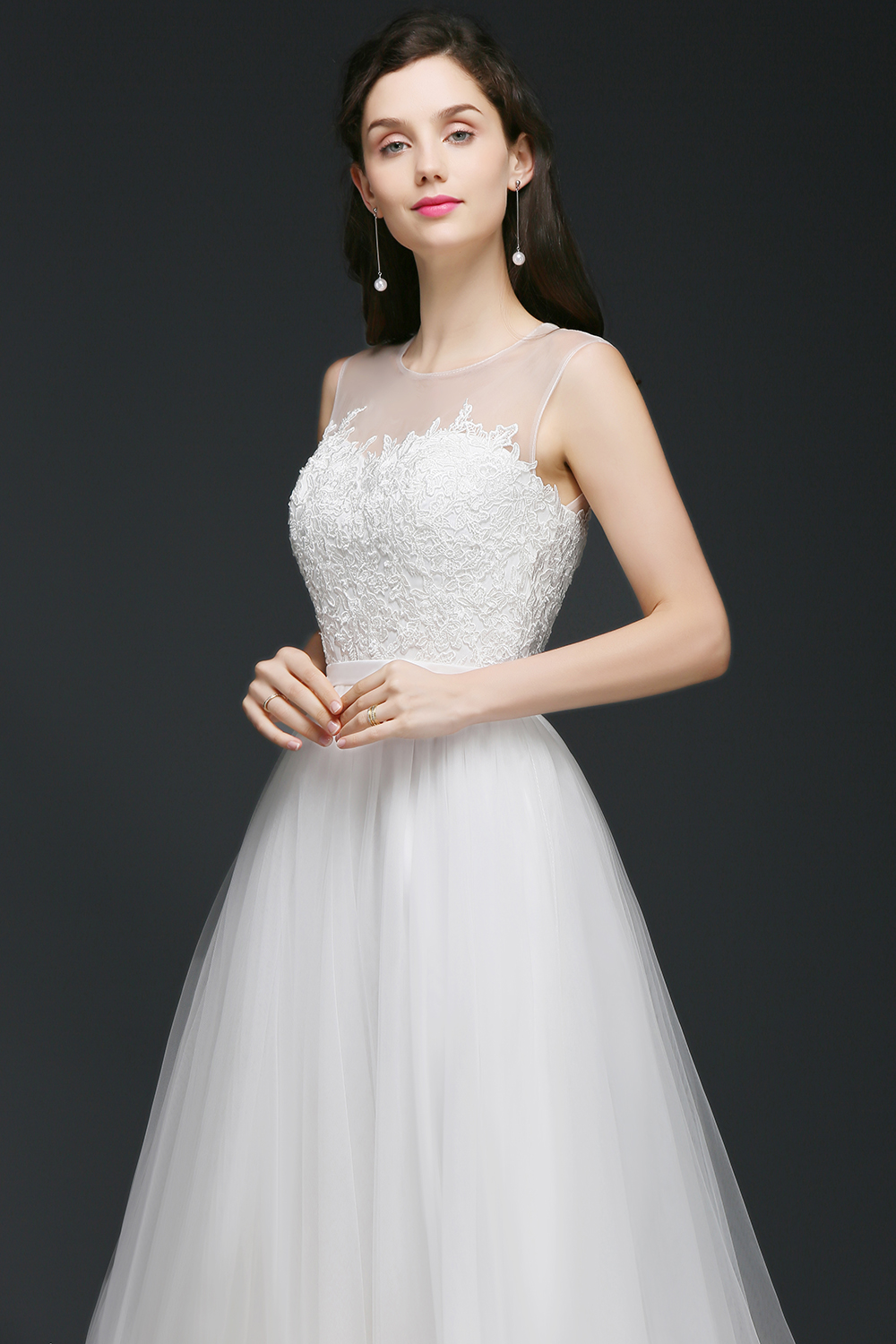 A-line Jewel Neck Sleeveless Court Train Tulle Bridal Gown With Lace 3