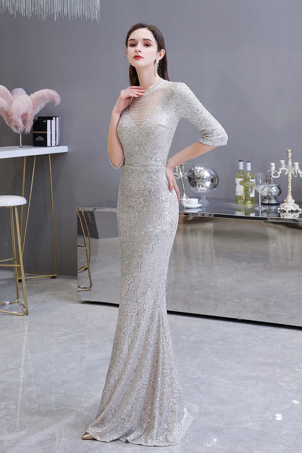 Mermaid Jewel Neck Half-Sleeves Sweep / Brush Train Tulle Evening Gown With Beading 2