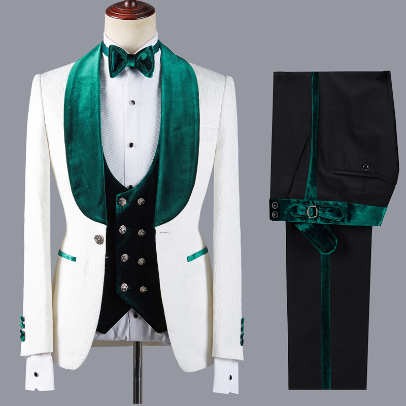 White Jacquard Three Pieces Men's Suit with Green Lapel for Wedding 3