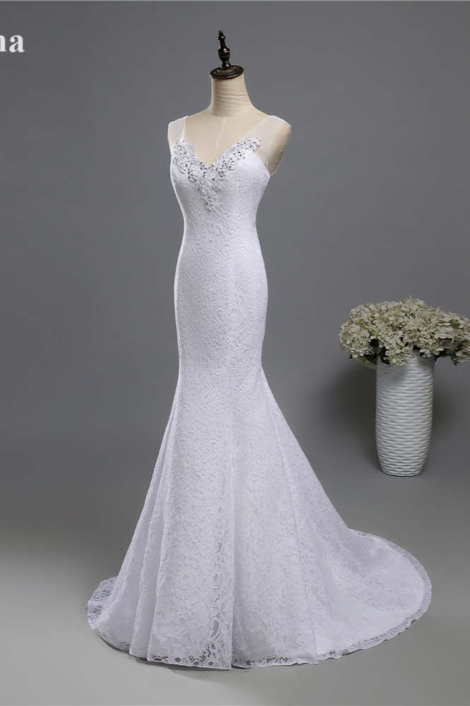 Mermaid Straps Floor-length Tulle Wedding Dress With Lace 3