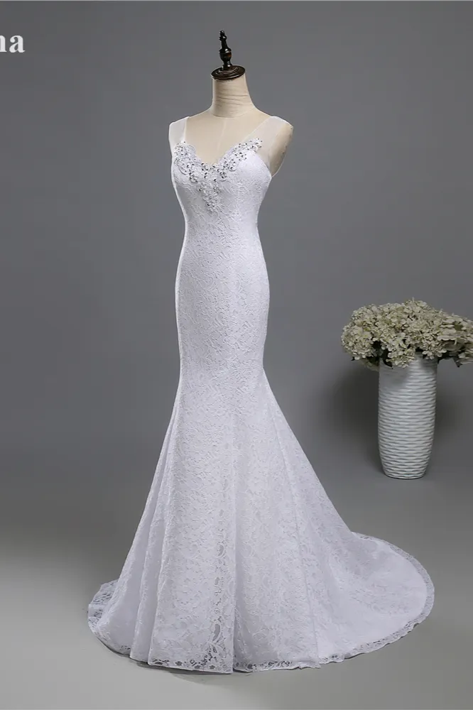 Mermaid Straps Floor-length Tulle Wedding Dress With Lace 3