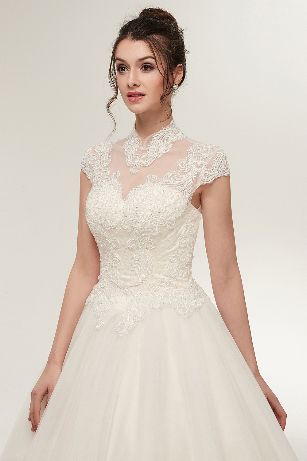 High Neck Short Sleeves Floor-length Lace Bridal Gown With Ruched 8